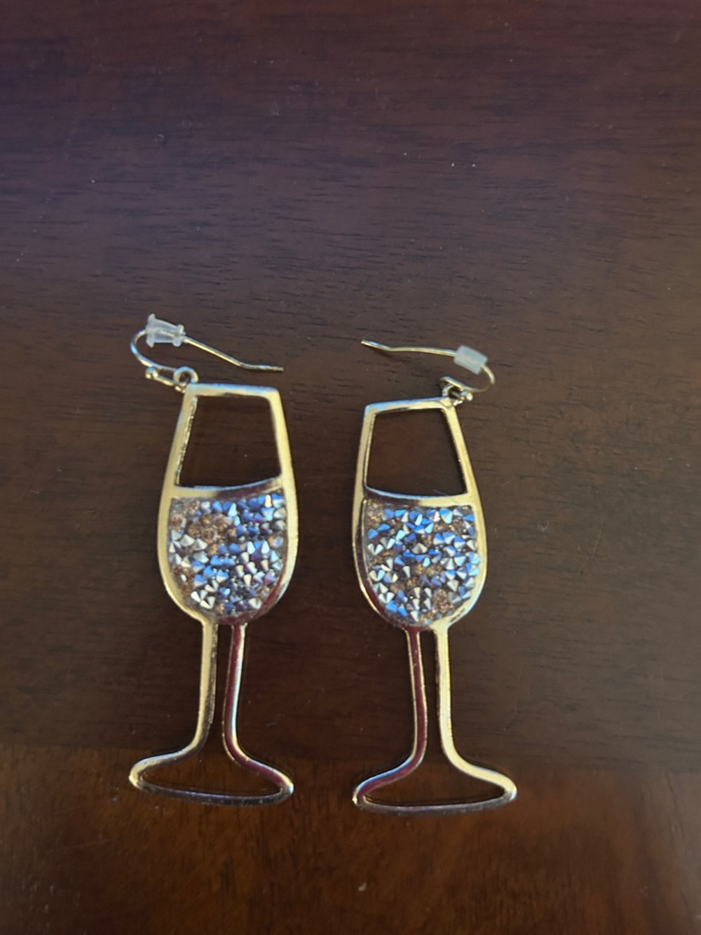 Gold Wine Glass Dangle Earrings with Iridescent Rhinestones